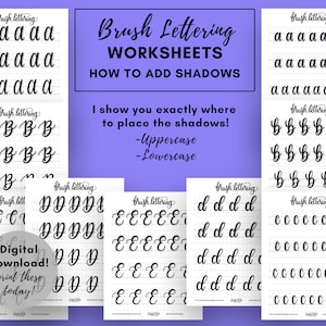 Brush Lettering Worksheets for Shadows - Calligraphy Work Sheets - Uppercase and Lowercase  - Modern Calligraphy Guide