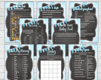 Baby Shower Boy 17 Game Bundle + Answer Keys - 7 Baby Shower Signs - Baby Shower Game Pack - Instant Download Chalkboard Theme Digital