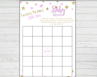 May include: A pink and gold baby shower bingo card with the text "Twinkle Twinkle Little Star" and "Baby Bingo". The card has a 5x5 grid with squares to fill in with gifts the mother-to-be will receive.