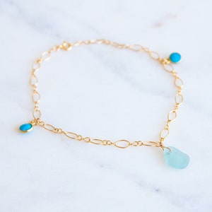 Blue Sea Glass & Turquoise Anklet