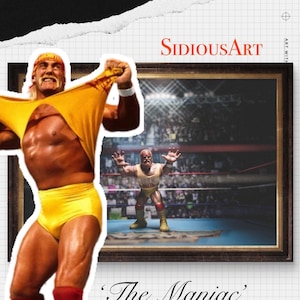 May include: A framed image featuring a vibrant depiction of Hulk Hogan, a professional wrestler, in his signature yellow and red attire. The artwork includes the text "The Maniac" and "Hulk Hogan Sold on Etsy.com". The image is a piece of action figure photography.