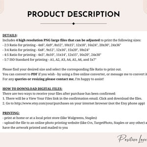 May include: A product description for digital printable art files. The text includes details about the different file sizes and ratios available, as well as instructions on how to download the files and print them at home or at a local print shop.