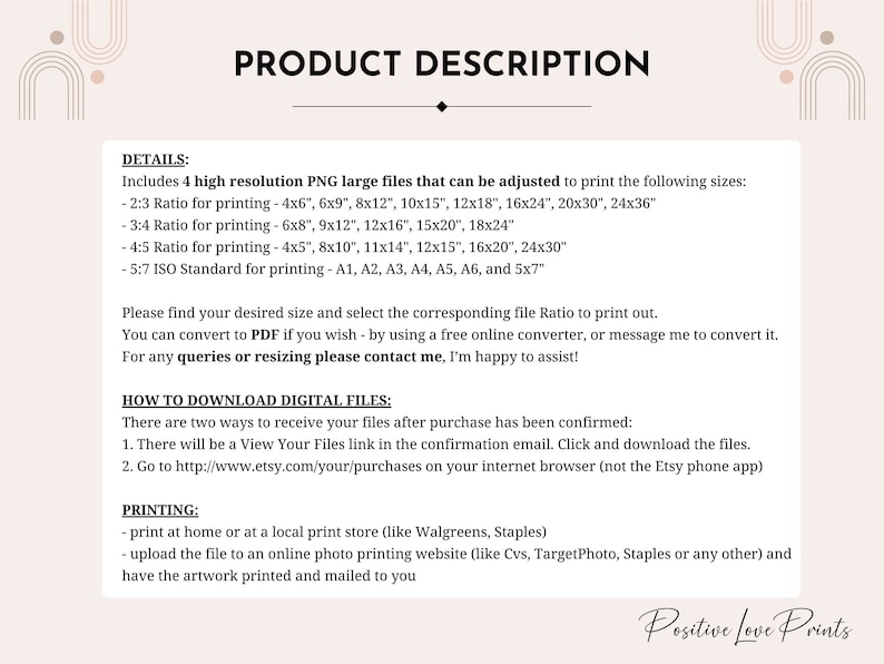 May include: A product description for digital printable art files. The text includes details about the different file sizes and ratios available, as well as instructions on how to download the files and print them at home or at a local print shop.
