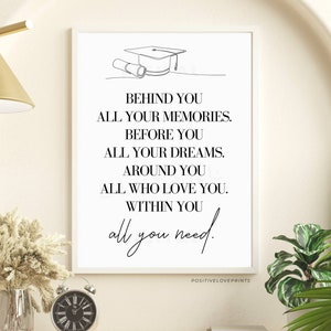 Regalo imprimible con cita inspiradora de graduación, detrás de ti todos tus recuerdos delante de ti todos tus sueños, arte de pared de graduación, descarga digital