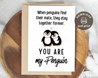 Printable Anniversary card for Husband for Him or Her, Valentines day Card, Romantic Love Quote with Penguins, Digital Download Pdf template