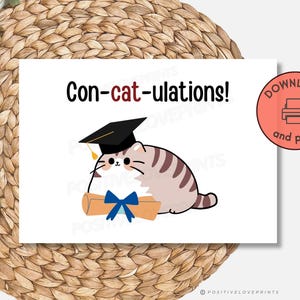 Jolie carte de remise des diplômes à imprimer, carte chat de remise des diplômes pour elle lui, jeu de mots chat, chat drôle en casquette et diplôme, modèle de carte pdf en téléchargement numérique