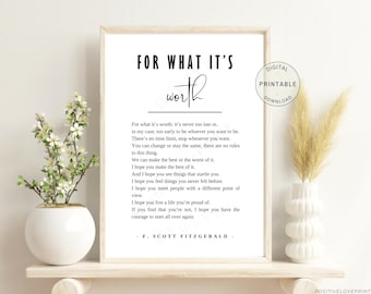 Plakat do druku na ścianę „For What Its Worth”, cytat Fitzgeralda, cytat literacki, plakat Bookworm do pobrania w wersji cyfrowej, prezent