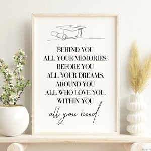 Afdrukbaar inspirerend afstuderen citaat cadeau, achter je al je herinneringen voor je al je dromen, afstuderen kunst aan de muur, digitale download