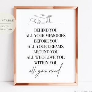 Printable Graduation quote wall art inspirational, Behind you all your memories before you all your dreams, Graduation gift Digital Download