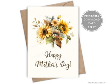Mother's Day Card Printable, Happy Mother's Day Greeting Card, Watercolor Sunflower bouquet Floral Mother's day card, Digital Download card