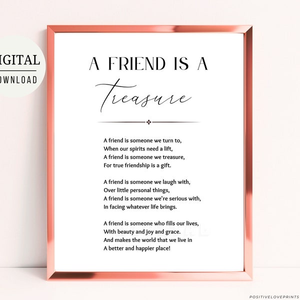 Friendship poem, Printable friend quote, Poem for friend, Friend gift idea, Bestie quote print, A Friend is a Treasure, Digital download