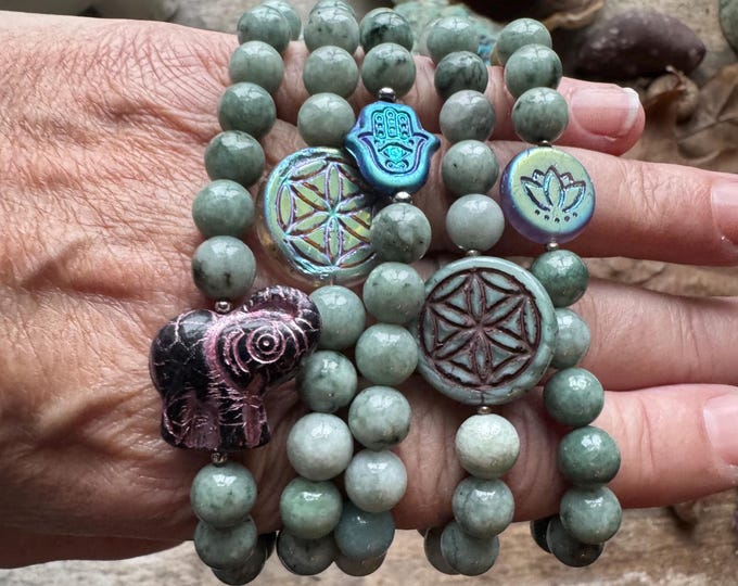 Featured listing image: Burmese Jade Nugget Bracelet with Czechoslovakian Pressed Glass Daisy – Harmony, Abundance & Positive Energy