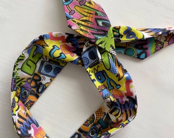 Party Print Wire Headband, Wide headband, Hair Wrap Knot headband, Head Scarf look, Gift for women, Spring Accessories