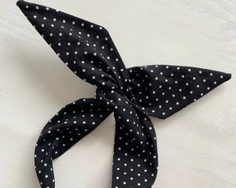 Black & White Polkadot Print Wire Headband, Wide headband, Hair Wrap Knot headband, Head Scarf look, Gift for women, Spring Accessories
