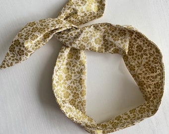 Gold Floral Print Wire Headband, Wide headband, Hair Wrap Knot headband, Head Scarf look, Gift for women, Spring Accessories