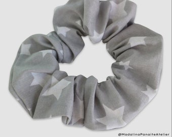 Grey White Stars Scrunchie, Free Shipping, Handmade, Hair Fashion, Hair Ties, 80s & 90s Fashion, Girls and Woman Top Knots, Soft Spring Gift