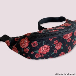 Rote Rosen GÜRTELTASCHE, Tasche für Festival, Konzerte, Reisetasche Gürteltasche, Geschenk, Bum Bag, Karneval Umhängetasche, Schwarz, Blumen, Frau, Mädchen Tasche