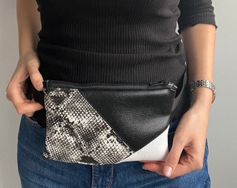 Black Waterproof Fanny Pack, Waist Bag, Flat Belt Bag for walking Festival, Travel Bag, Vegan Leather, Hip Bag for Women Gift, AnimalPrint