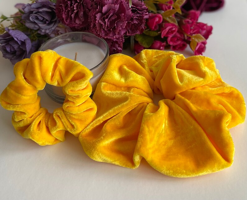 XXL Yellow Royal Velvet Scrunchie, Oversized Big Extralarge Giant XXL Scrunchie, Hair Ties Top Knots Hair Rubber Woman Gift Summer image 3