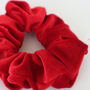 May include: A red velvet scrunchie hair tie.