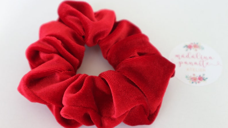May include: A red velvet scrunchie hair tie.