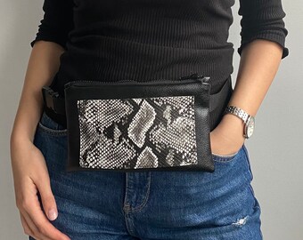 Black Waterproof Fanny Pack, Waist Bag, Flat Belt Bag for walking Festival, Traveler Bag, Vegan Leather, Hip Bag for Women Gift, AnimalPrint
