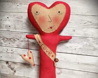 Primitive Valentine girls  cloth Doll with a heart Valentine's Day rag doll decor Valentine's day gift for your beloved