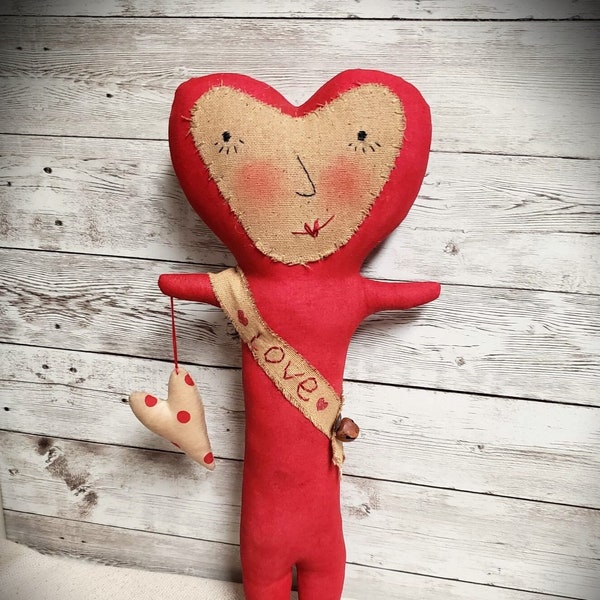 Primitive Valentine girls  cloth Doll with a heart Valentine's Day rag doll decor Valentine's day gift for your beloved