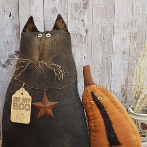 Primitive Black Cat and Pumpkin Buddy Rustic Halloween doll Harvest Fall Decor Country Dolls farmhouse decor