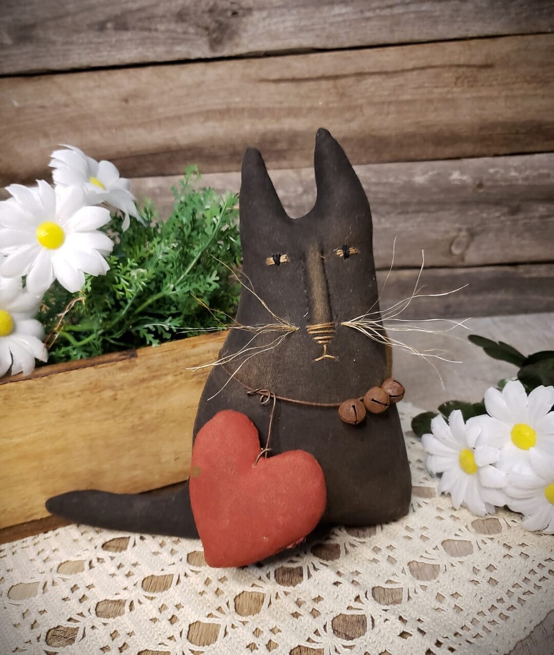 Primitive Black Cat With Heart Prim Kitty Doll Cat Lover, Farmhouse ...