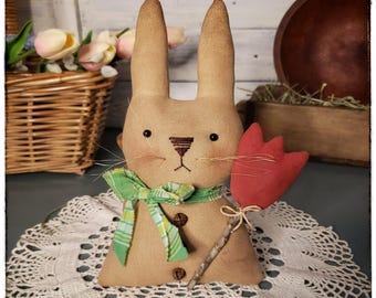 Primitive Bunny  with Tuplip Grungy Rustic decor  Primitive Easter spring rabbit bowl filler farmhouse decor spring flowers