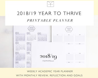 2018/19 Academic Year Planner / Imprimable A5, A4 et US Letter / Planificateur hebdomadaire / revue mensuelle, réflexion et objectifs / design minimal b&w