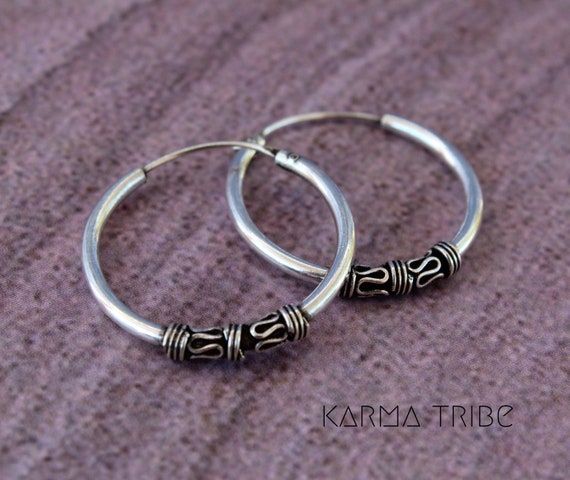 Bali Hoops Ball Earrings Ethnic Hoops Sterling Silver 25mm Hoop Earrings Ethnic Earrings Round Earrings Handmade Hoop Earrings Silver Hoop Earrings Tribal Earrings