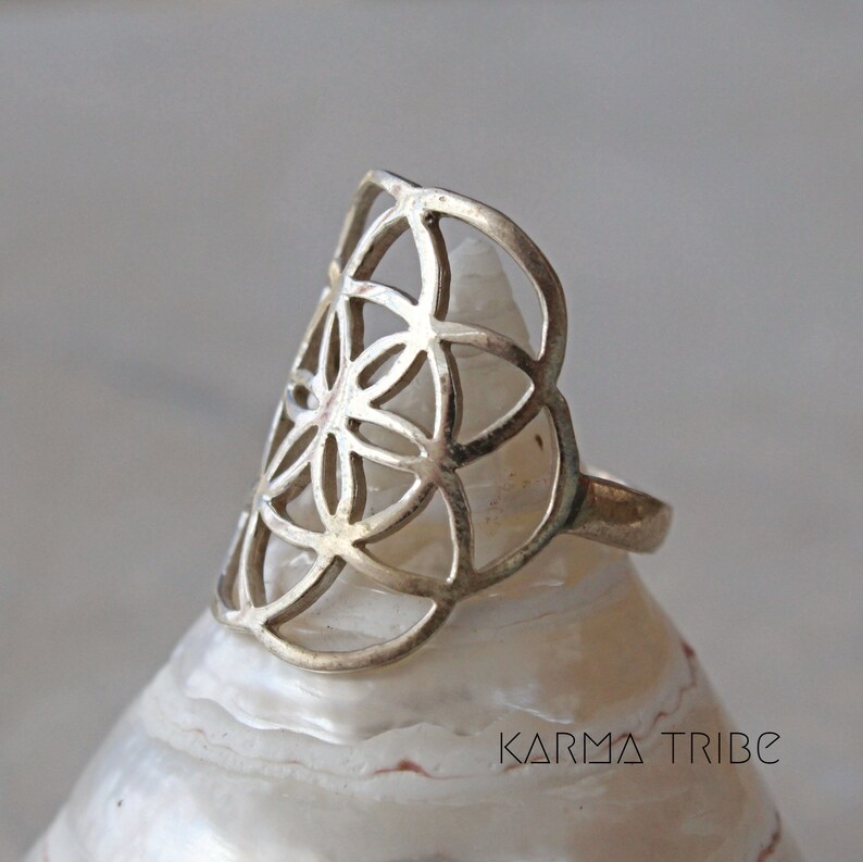 Sterling silver flower of life ring sterling silver yoga ring sacred geometry silver ring. seed of life silver ring