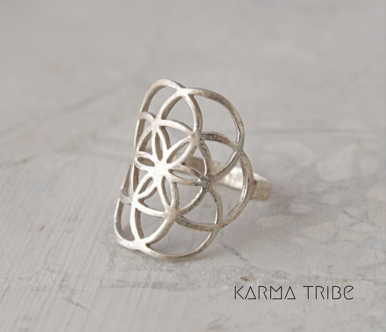 Sterling silver flower of life ring sterling silver yoga ring sacred geometry silver ring. seed of life silver ring