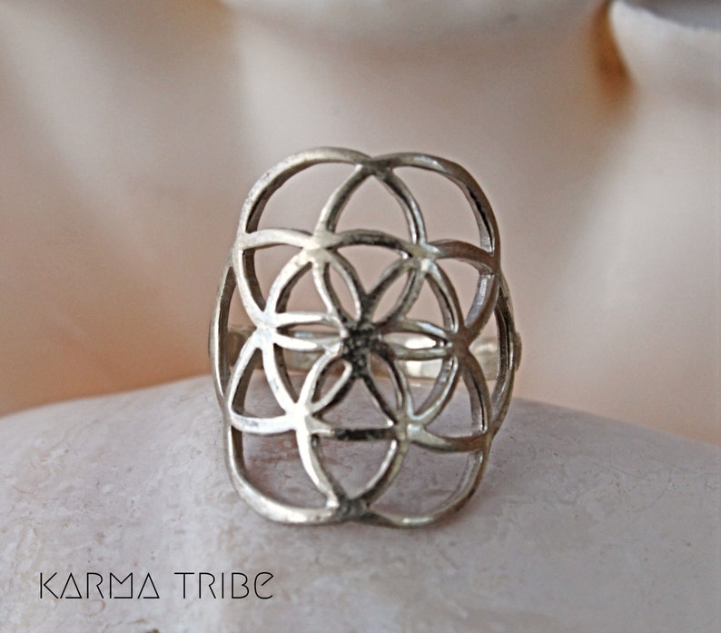 Sterling silver flower of life ring sterling silver yoga ring sacred geometry silver ring. seed of life silver ring