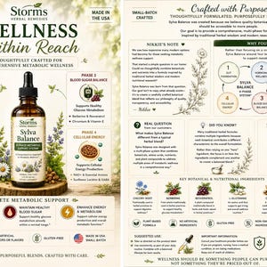 May include: A brown glass dropper bottle of Storms Herbal Remedies Sylva Balance metabolic support supplement, surrounded by botanical illustrations and detailed text explaining the four-phase wellness system, ingredients, and usage instructions.