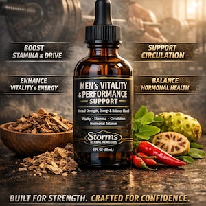 Puede incluir: Una botella de vidrio marr&oacute;n con un cuentagotas negro, etiquetada como "MEN'S VITALITY & PERFORMANCE SUPPORT". La etiqueta destaca la fuerza herbal, la energ&iacute;a y el equilibrio hormonal. La imagen incluye texto que dice "Boost Stamina & Drive" y "Enhance Vitality & Energy."