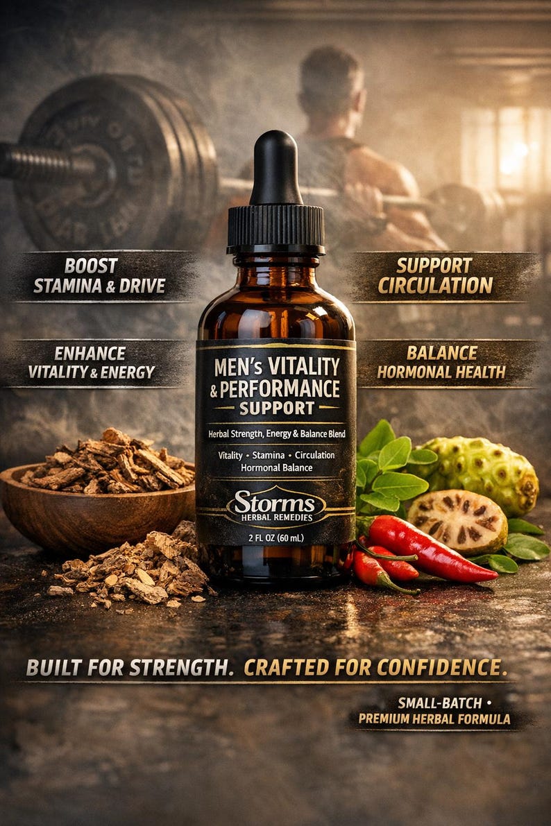 Puede incluir: Una botella de vidrio marr&oacute;n con un cuentagotas negro, etiquetada como "MEN'S VITALITY & PERFORMANCE SUPPORT". La etiqueta destaca la fuerza herbal, la energ&iacute;a y el equilibrio hormonal. La imagen incluye texto que dice "Boost Stamina & Drive" y "Enhance Vitality & Energy."