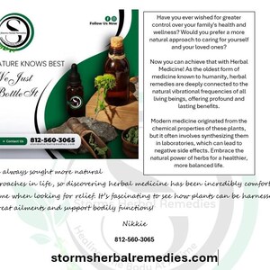 Puede incluir: Un anuncio de Storms Herbal Remedies presenta dos botellas de vidrio marr&oacute;n con tapones de corcho, un frasco con cuentagotas y texto. El texto incluye el n&uacute;mero de tel&eacute;fono 812-560-3065 y el sitio web stormsherbalremedies.com.