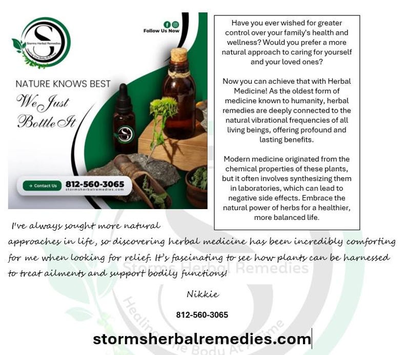 Puede incluir: Un anuncio de Storms Herbal Remedies presenta dos botellas de vidrio marr&oacute;n con tapones de corcho, un frasco con cuentagotas y texto. El texto incluye el n&uacute;mero de tel&eacute;fono 812-560-3065 y el sitio web stormsherbalremedies.com.