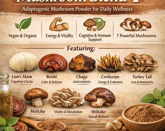 Mezcla de hongos 7 en polvo adaptógeno: Reishi, Chaga, Melena de león. Apoyo diario para el bienestar.