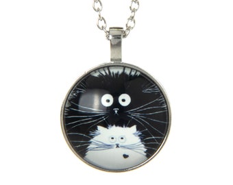 猫ママペンダント、幸運の猫好きへのギフト、猫ネックレス、白黒猫ペンダント、黒と白猫ネックレス、アート子猫、かわいい子猫、猫キーホルダー