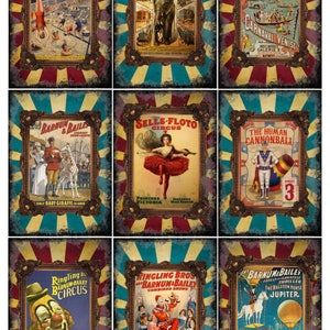 vintage circus digital pocket letter ATC set of 9 cards collage sheet