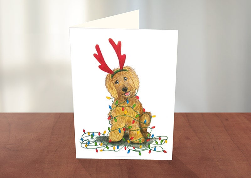 Goldendoodle Christmas Card Dog wrapped up in lights Etsy