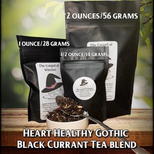 May include: Three black pouches of tea labeled "The Gospel of Witches" with different sizes: 2 ounces/56 grams, 1 ounce/28 grams, and 1/2 ounce/14 grams. The tea is a heart healthy gothic black currant blend.