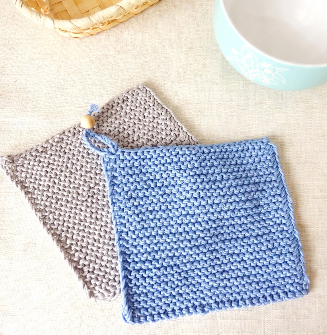 Potholder double Set Blue knit Potholder Knitted pot Etsy