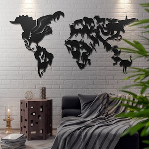 XL Wild Life Metal World Map Wall Art Metal Wall Decor Metal Wall Hanging Animal Lover Gift Traveler Gift Modern Wall Art For Living Room