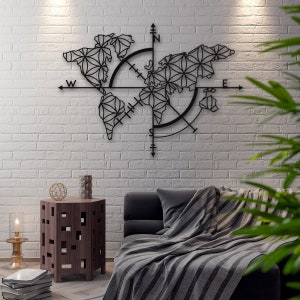 World Map Metal Wall Art Geographical Map Compass Traveler Explorer Minimalist Monochrome Urban Loft Style Decoration image 1