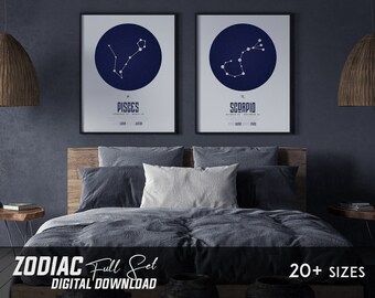 Zodiac Print, Set of 12,  Kids Room Poster, Horoscope Print, Printable, Digital Download, Downloadable Print, Zodiac Constellation, Digital